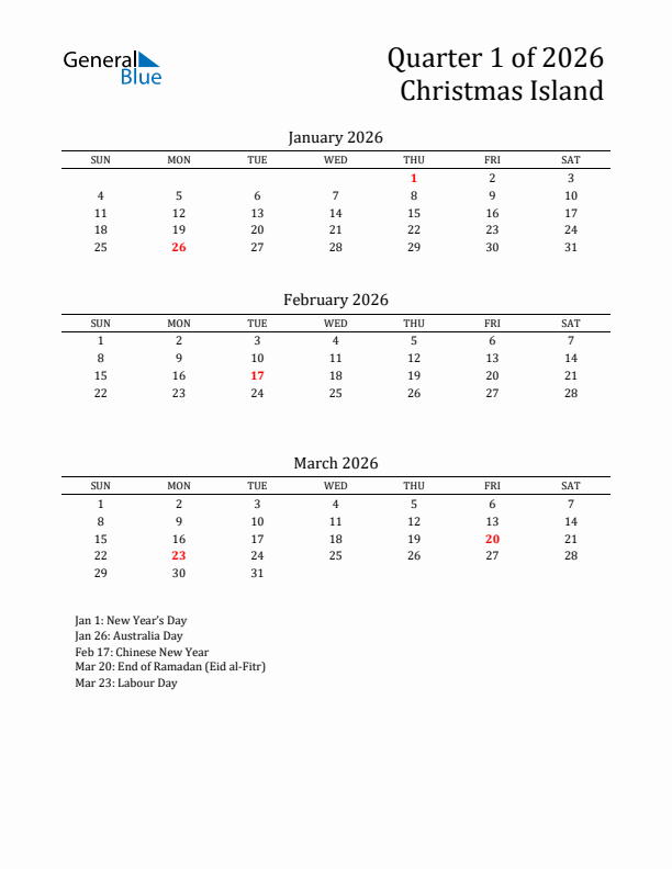 Quarter 1 2026 Christmas Island Quarterly Calendar