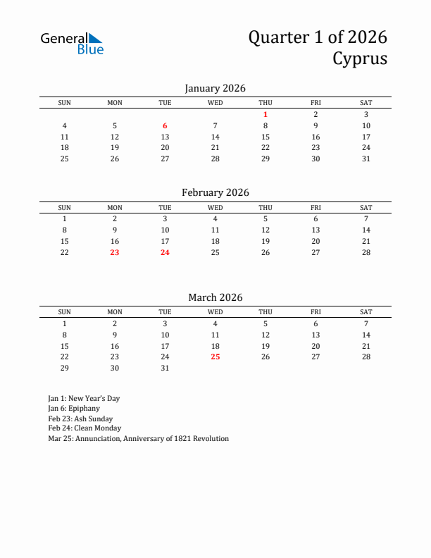 Quarter 1 2026 Cyprus Quarterly Calendar