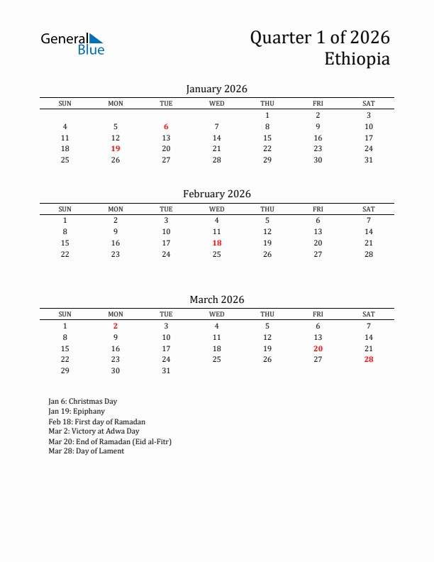 Quarter 1 2026 Ethiopia Quarterly Calendar