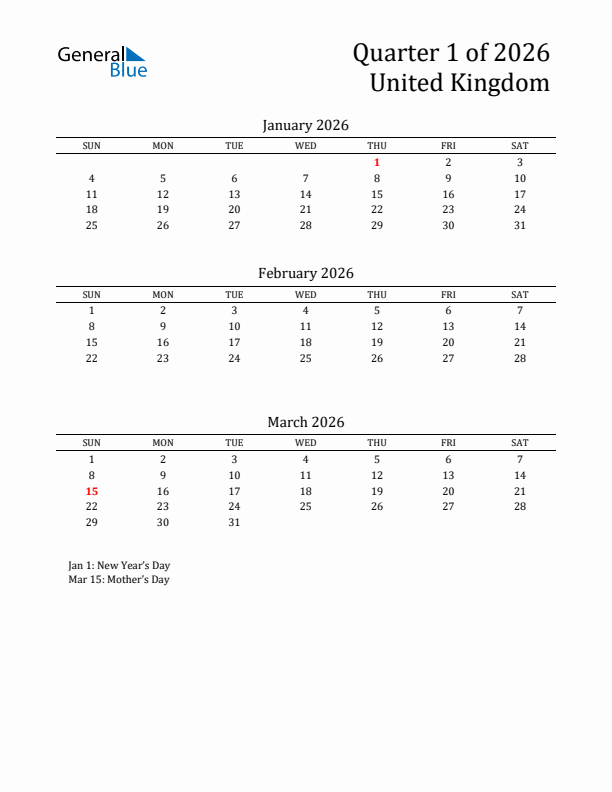 Quarter 1 2026 United Kingdom Quarterly Calendar