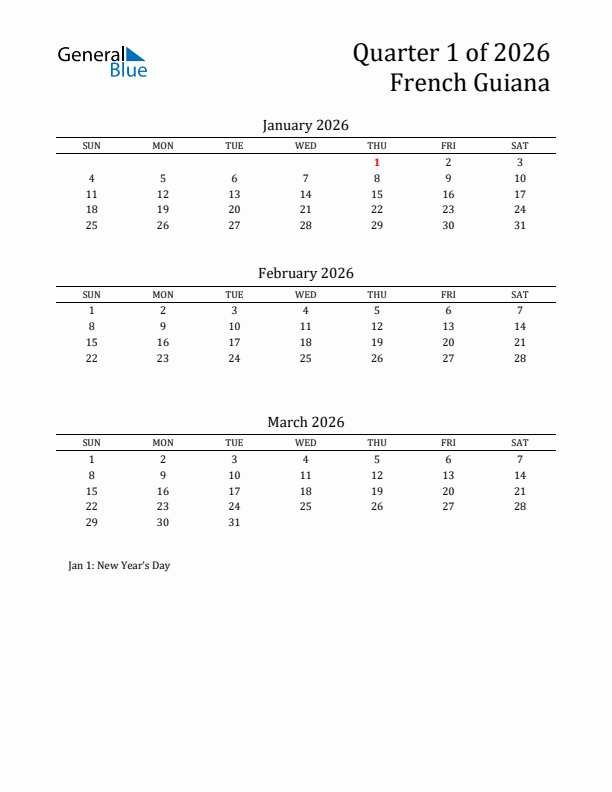 Quarter 1 2026 French Guiana Quarterly Calendar