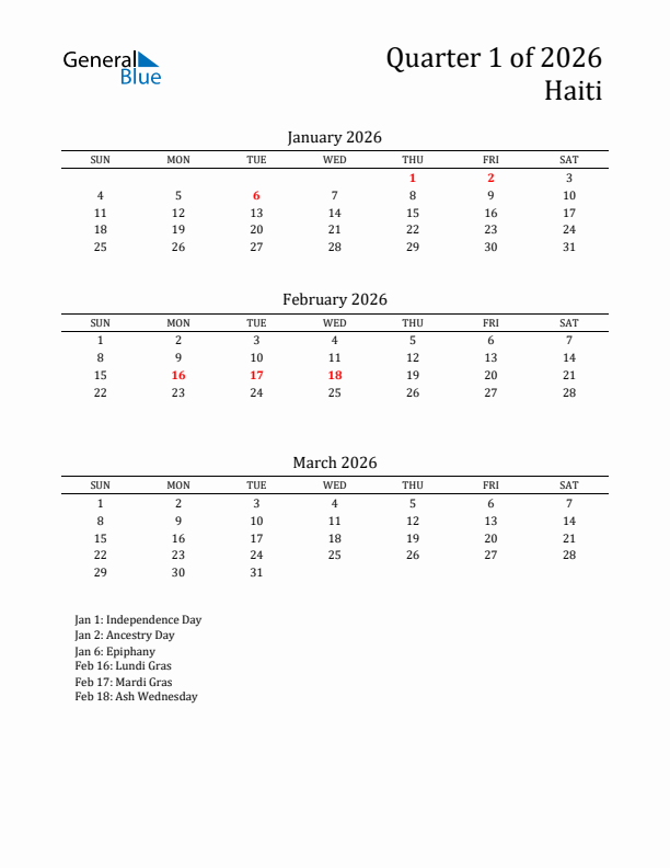 Quarter 1 2026 Haiti Quarterly Calendar