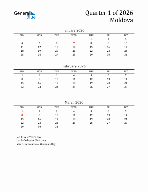 Quarter 1 2026 Moldova Quarterly Calendar