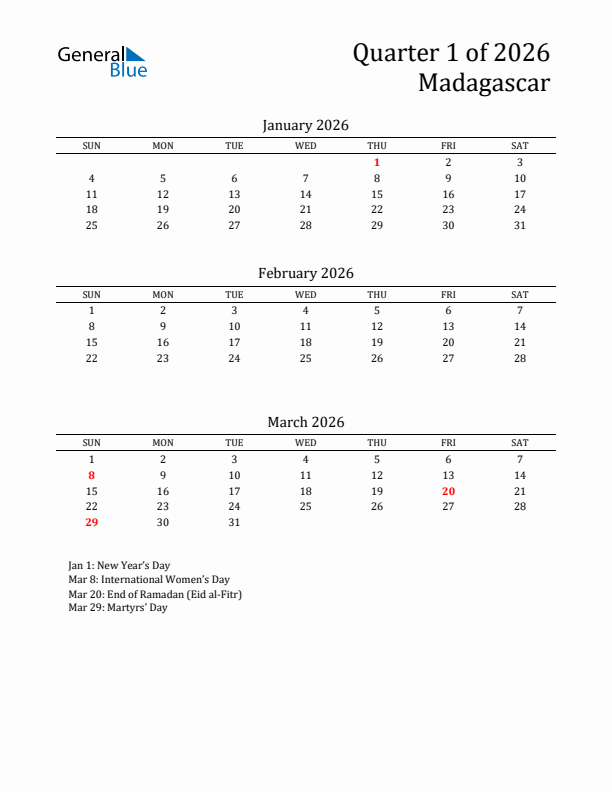 Quarter 1 2026 Madagascar Quarterly Calendar