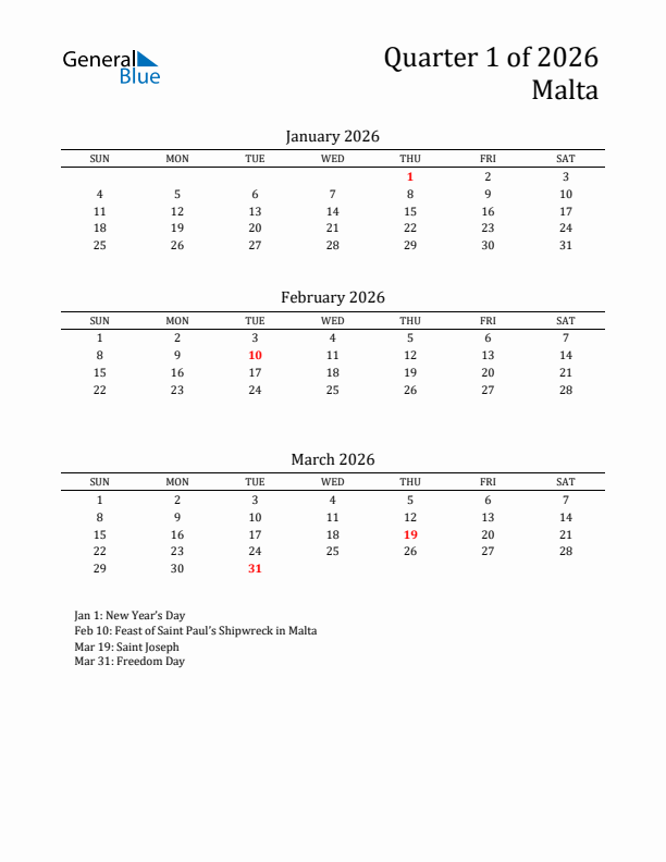 Quarter 1 2026 Malta Quarterly Calendar