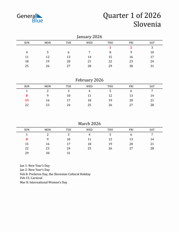 Quarter 1 2026 Slovenia Quarterly Calendar