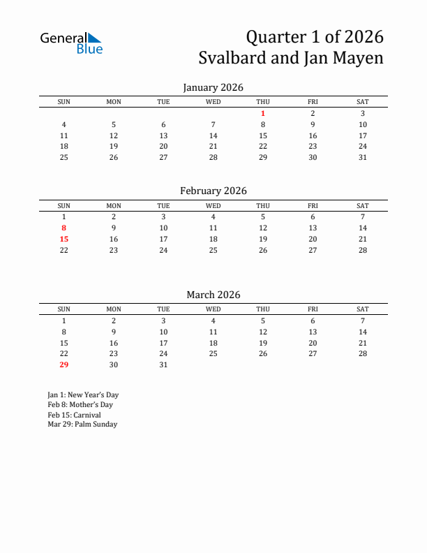 Quarter 1 2026 Svalbard and Jan Mayen Quarterly Calendar