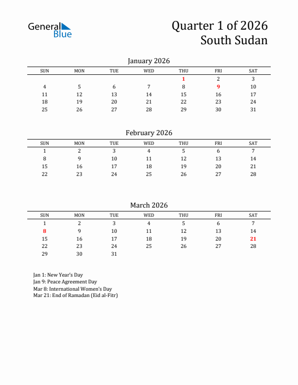 Quarter 1 2026 South Sudan Quarterly Calendar