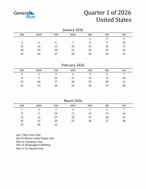 Quarter 1 2026 United States Quarterly Calendar