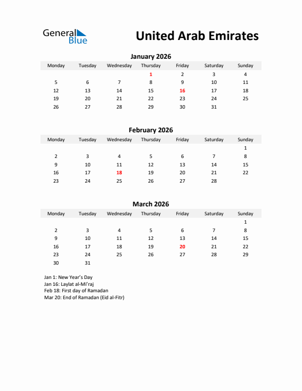 Printable Quarterly Calendar with Notes and United Arab Emirates Holidays- Q1 of 2026