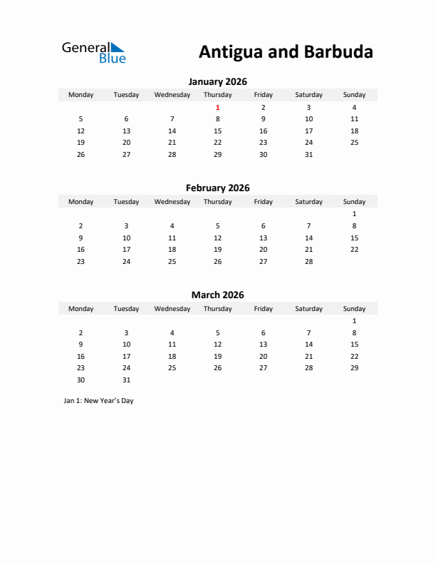 Printable Quarterly Calendar with Notes and Antigua and Barbuda Holidays- Q1 of 2026