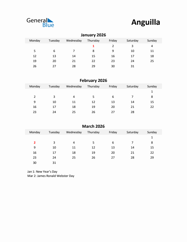 Printable Quarterly Calendar with Notes and Anguilla Holidays- Q1 of 2026