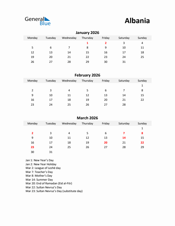 Printable Quarterly Calendar with Notes and Albania Holidays- Q1 of 2026