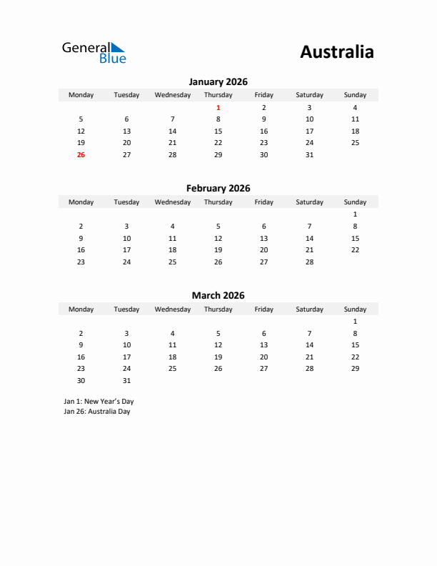 Printable Quarterly Calendar with Notes and Australia Holidays- Q1 of 2026