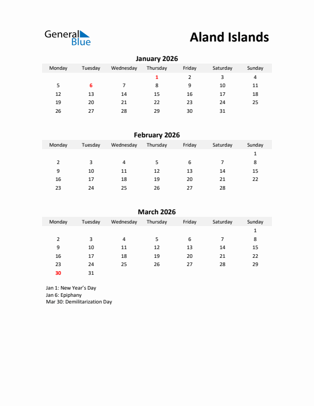 Printable Quarterly Calendar with Notes and Aland Islands Holidays- Q1 of 2026