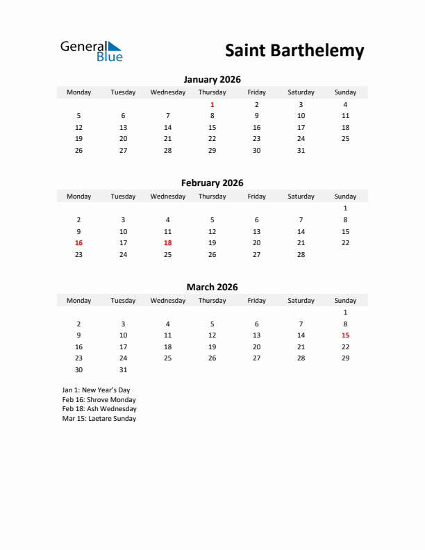 Printable Quarterly Calendar with Notes and Saint Barthelemy Holidays- Q1 of 2026