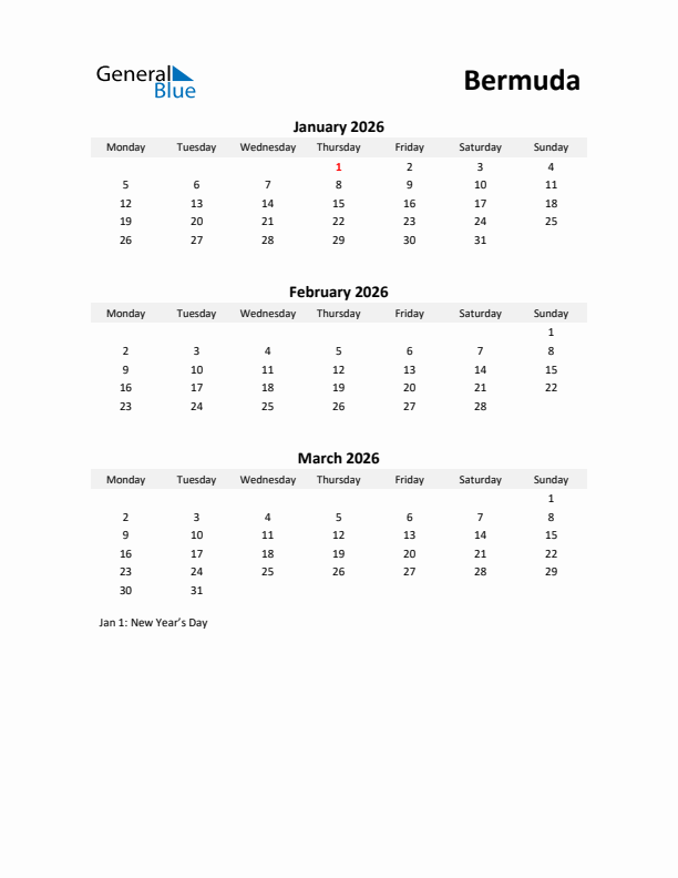 Printable Quarterly Calendar with Notes and Bermuda Holidays- Q1 of 2026