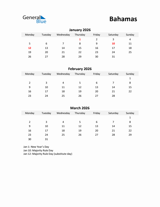 Printable Quarterly Calendar with Notes and Bahamas Holidays- Q1 of 2026