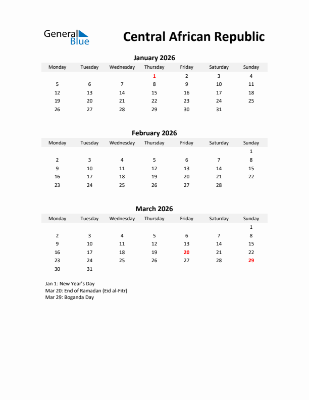 Printable Quarterly Calendar with Notes and Central African Republic Holidays- Q1 of 2026