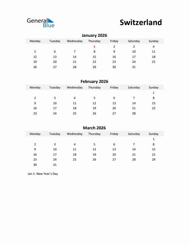 Printable Quarterly Calendar with Notes and Switzerland Holidays- Q1 of 2026