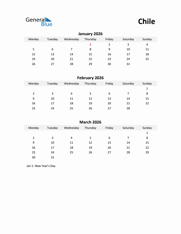 Printable Quarterly Calendar with Notes and Chile Holidays- Q1 of 2026