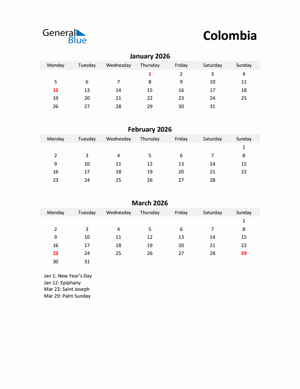 Printable Quarterly Calendar with Notes and Colombia Holidays- Q1 of 2026