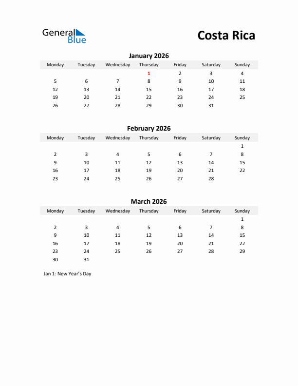 Printable Quarterly Calendar with Notes and Costa Rica Holidays- Q1 of 2026