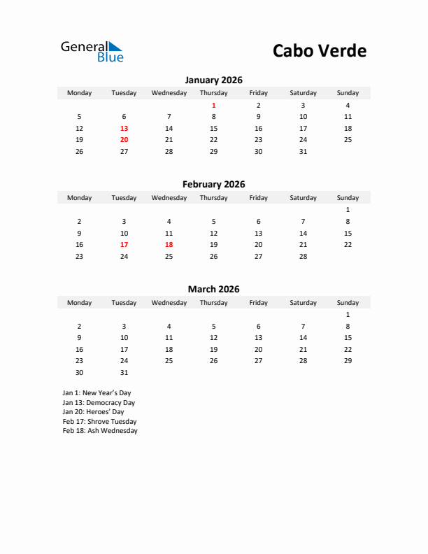 Printable Quarterly Calendar with Notes and Cabo Verde Holidays- Q1 of 2026