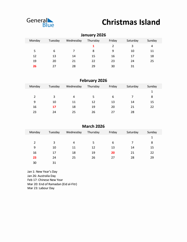 Printable Quarterly Calendar with Notes and Christmas Island Holidays- Q1 of 2026