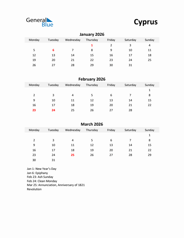 Printable Quarterly Calendar with Notes and Cyprus Holidays- Q1 of 2026