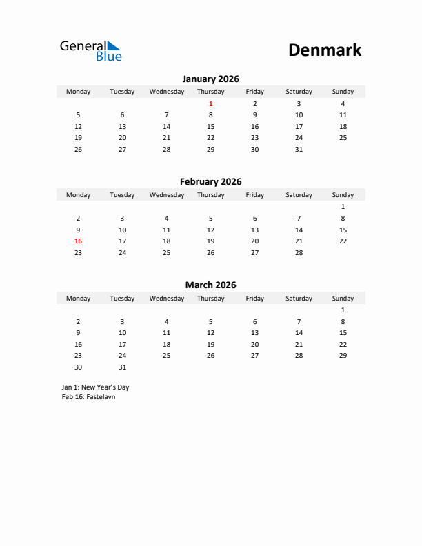 Printable Quarterly Calendar with Notes and Denmark Holidays- Q1 of 2026