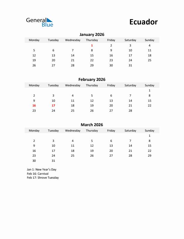 Printable Quarterly Calendar with Notes and Ecuador Holidays- Q1 of 2026