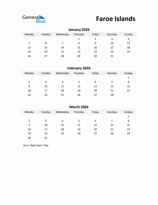 Printable Quarterly Calendar with Notes and Faroe Islands Holidays- Q1 of 2026