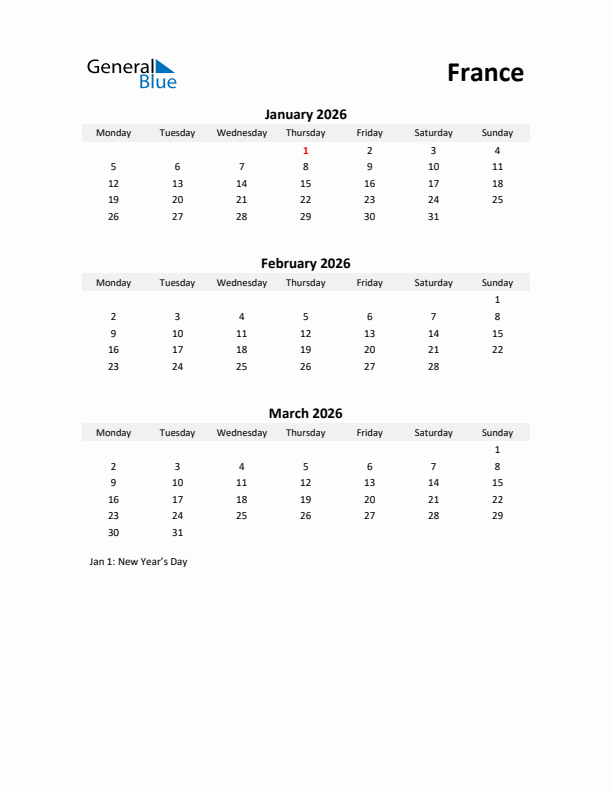 Printable Quarterly Calendar with Notes and France Holidays- Q1 of 2026