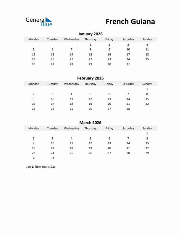 Printable Quarterly Calendar with Notes and French Guiana Holidays- Q1 of 2026