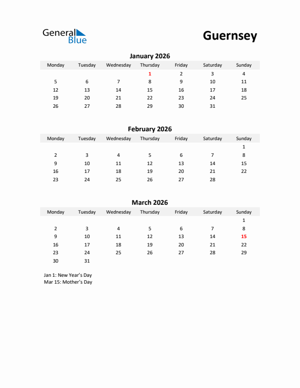 Printable Quarterly Calendar with Notes and Guernsey Holidays- Q1 of 2026