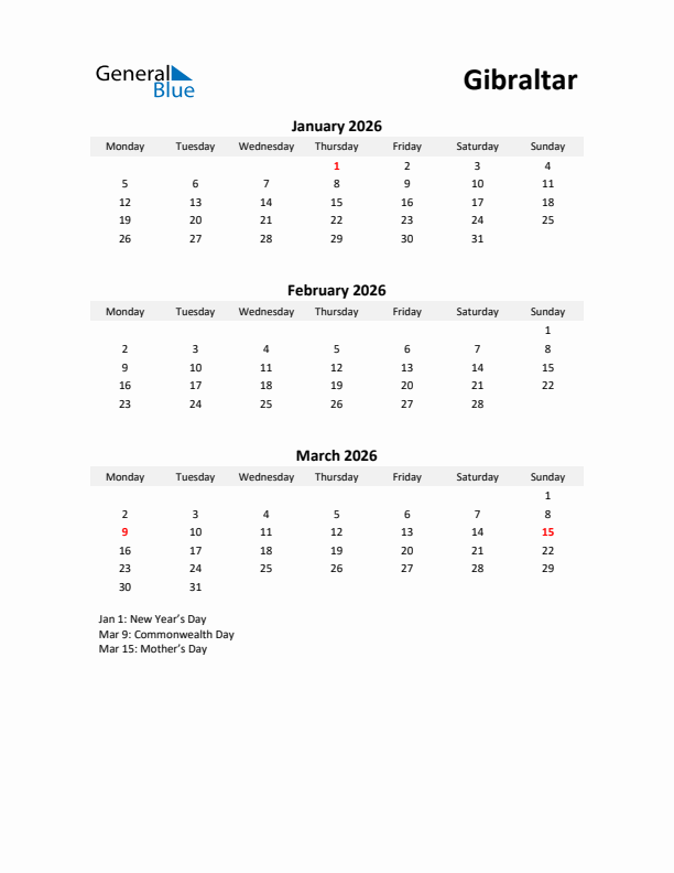 Printable Quarterly Calendar with Notes and Gibraltar Holidays- Q1 of 2026