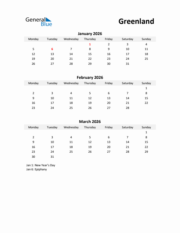 Printable Quarterly Calendar with Notes and Greenland Holidays- Q1 of 2026