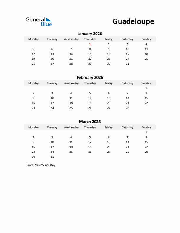 Printable Quarterly Calendar with Notes and Guadeloupe Holidays- Q1 of 2026