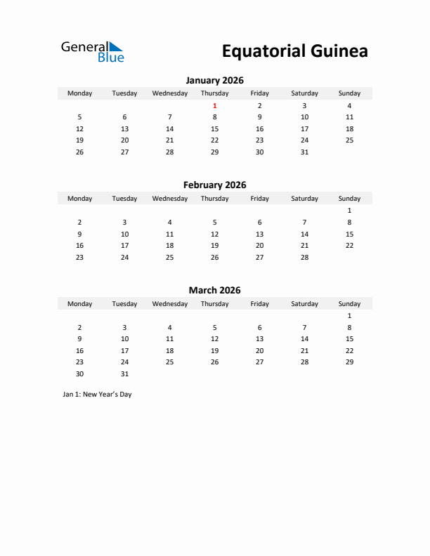 Printable Quarterly Calendar with Notes and Equatorial Guinea Holidays- Q1 of 2026