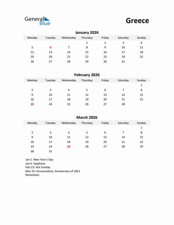 Printable Quarterly Calendar with Notes and Greece Holidays- Q1 of 2026