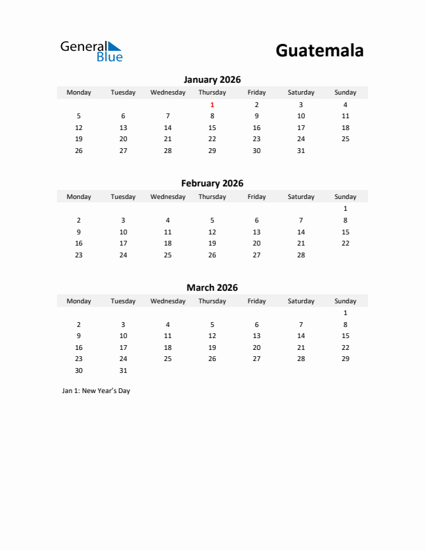 Printable Quarterly Calendar with Notes and Guatemala Holidays- Q1 of 2026