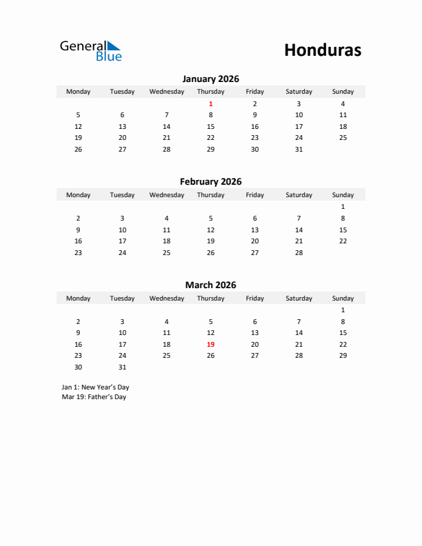 Printable Quarterly Calendar with Notes and Honduras Holidays- Q1 of 2026