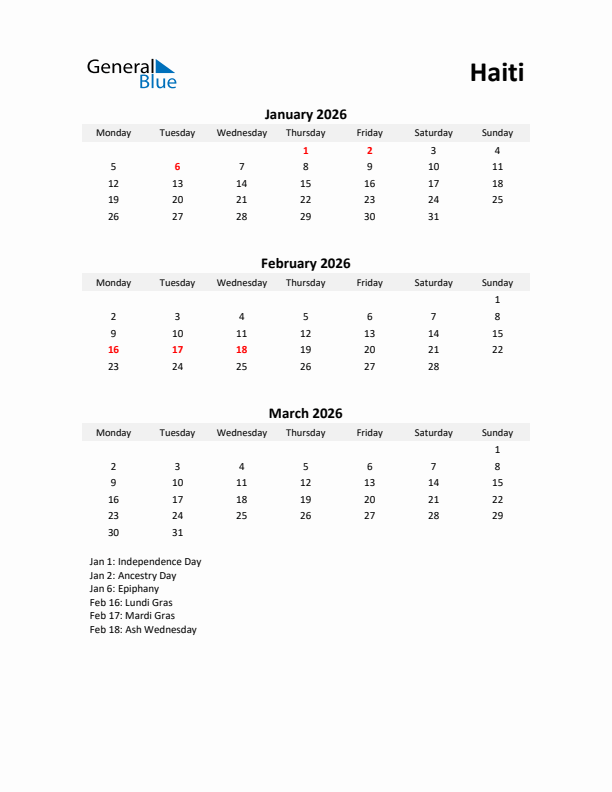 Printable Quarterly Calendar with Notes and Haiti Holidays- Q1 of 2026