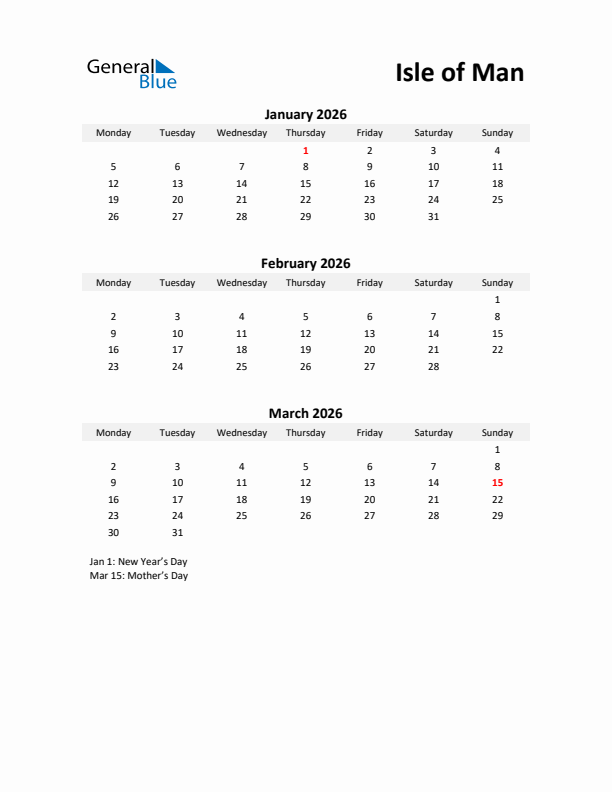 Printable Quarterly Calendar with Notes and Isle of Man Holidays- Q1 of 2026