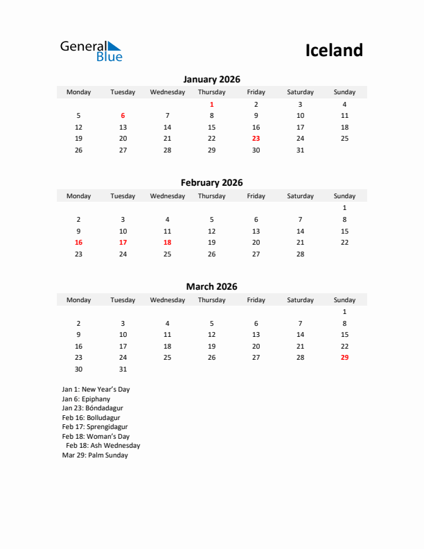 Printable Quarterly Calendar with Notes and Iceland Holidays- Q1 of 2026