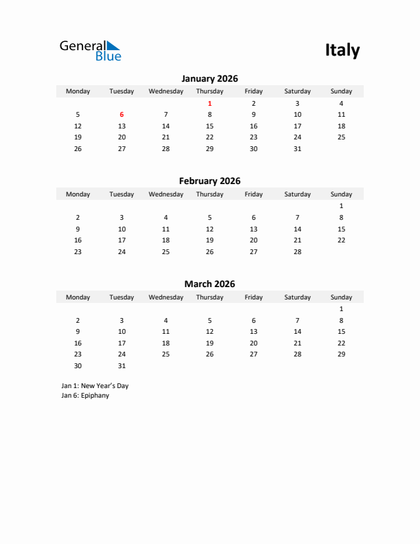 Printable Quarterly Calendar with Notes and Italy Holidays- Q1 of 2026