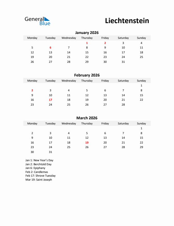 Printable Quarterly Calendar with Notes and Liechtenstein Holidays- Q1 of 2026