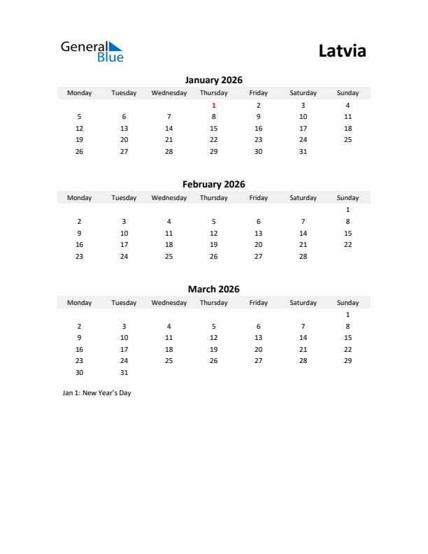 Printable Quarterly Calendar with Notes and Latvia Holidays- Q1 of 2026