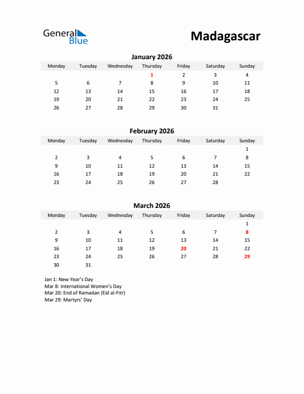 Printable Quarterly Calendar with Notes and Madagascar Holidays- Q1 of 2026